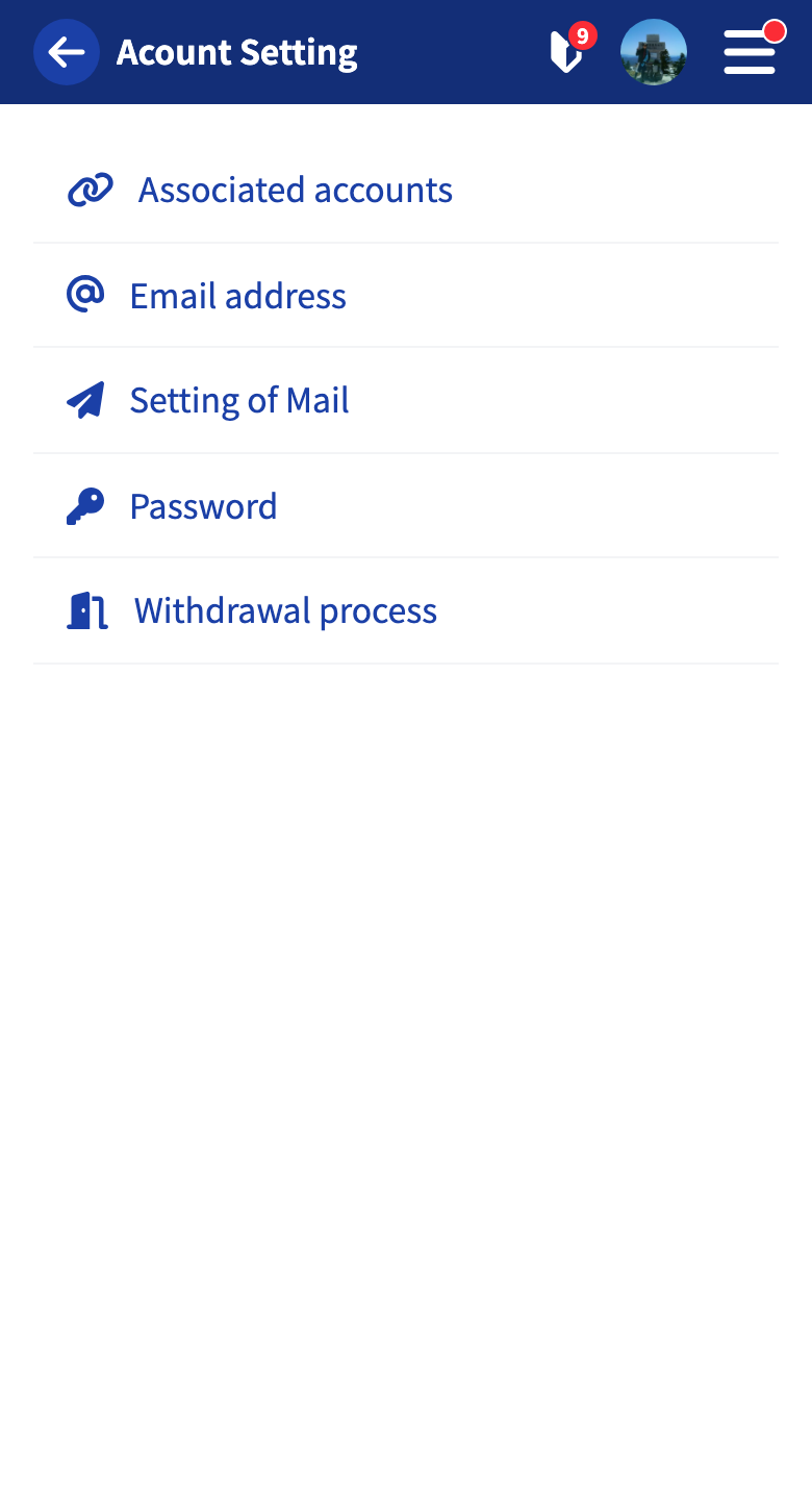 The account settings screen