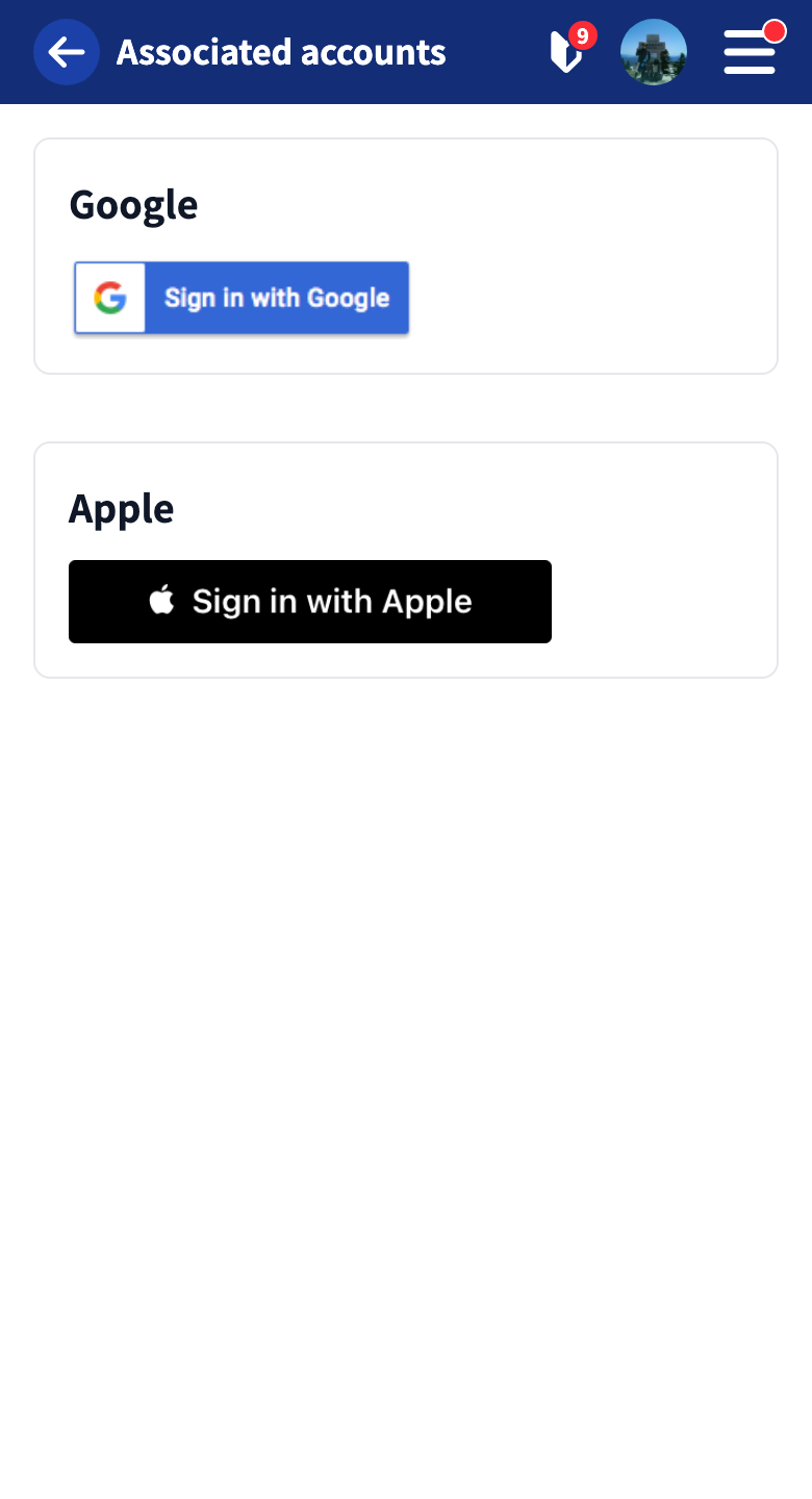 The linked accounts screen